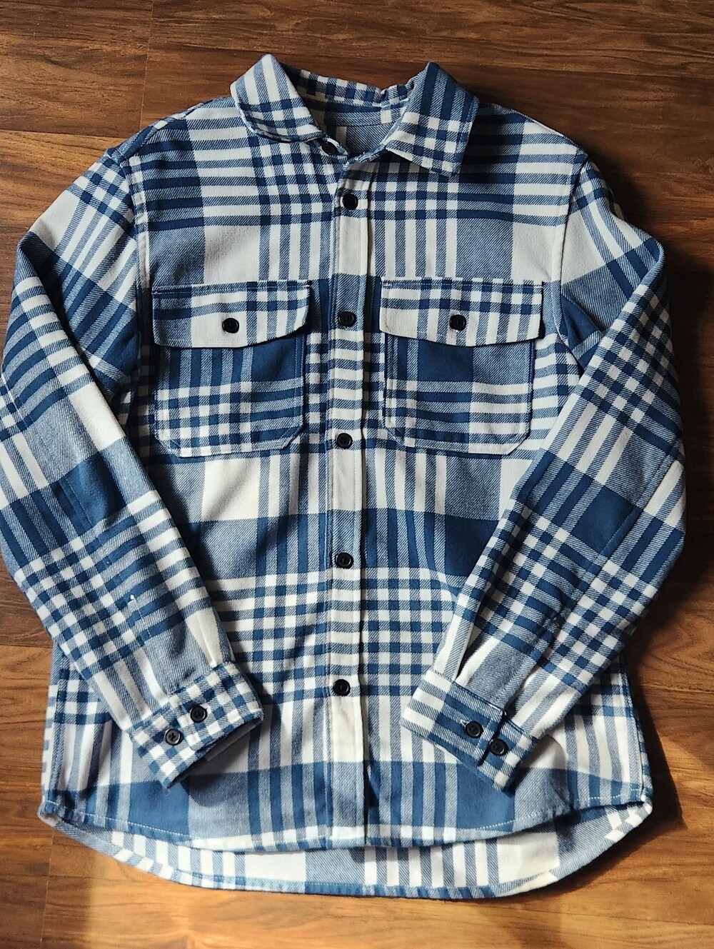 H&M Blue Plaid Shacket Button Front Overshirt Utility Pockets Size